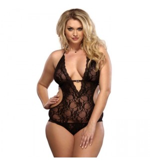 LEG AVENUE TEDDY LACE V TALLA GRANDE NEGRO