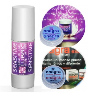 GOTAS DE SEDA "SENSITIVE" LUBRICANTE 30ML + KIT REGALO 2 CREMAS ORGASMICAS  EL Y ELLA ONAGRA