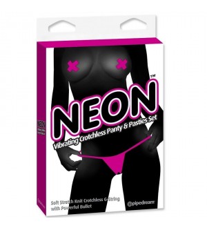 NEON CONJUNTO DE TANGA VIBRADOR Y PASTIES ROSA